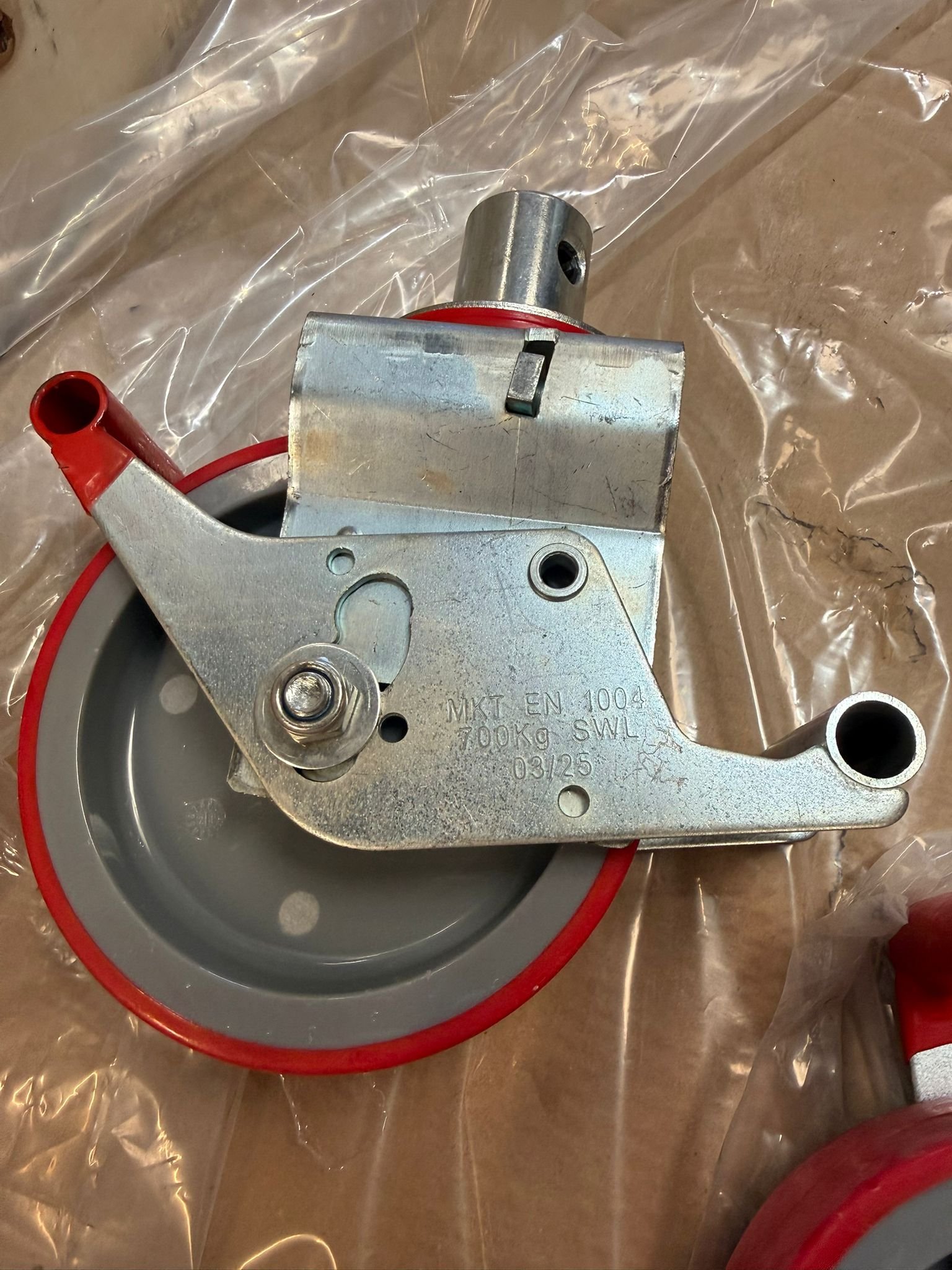 Heavy-duty dual locking caster in our warehouse ready for dispatch across the UK.