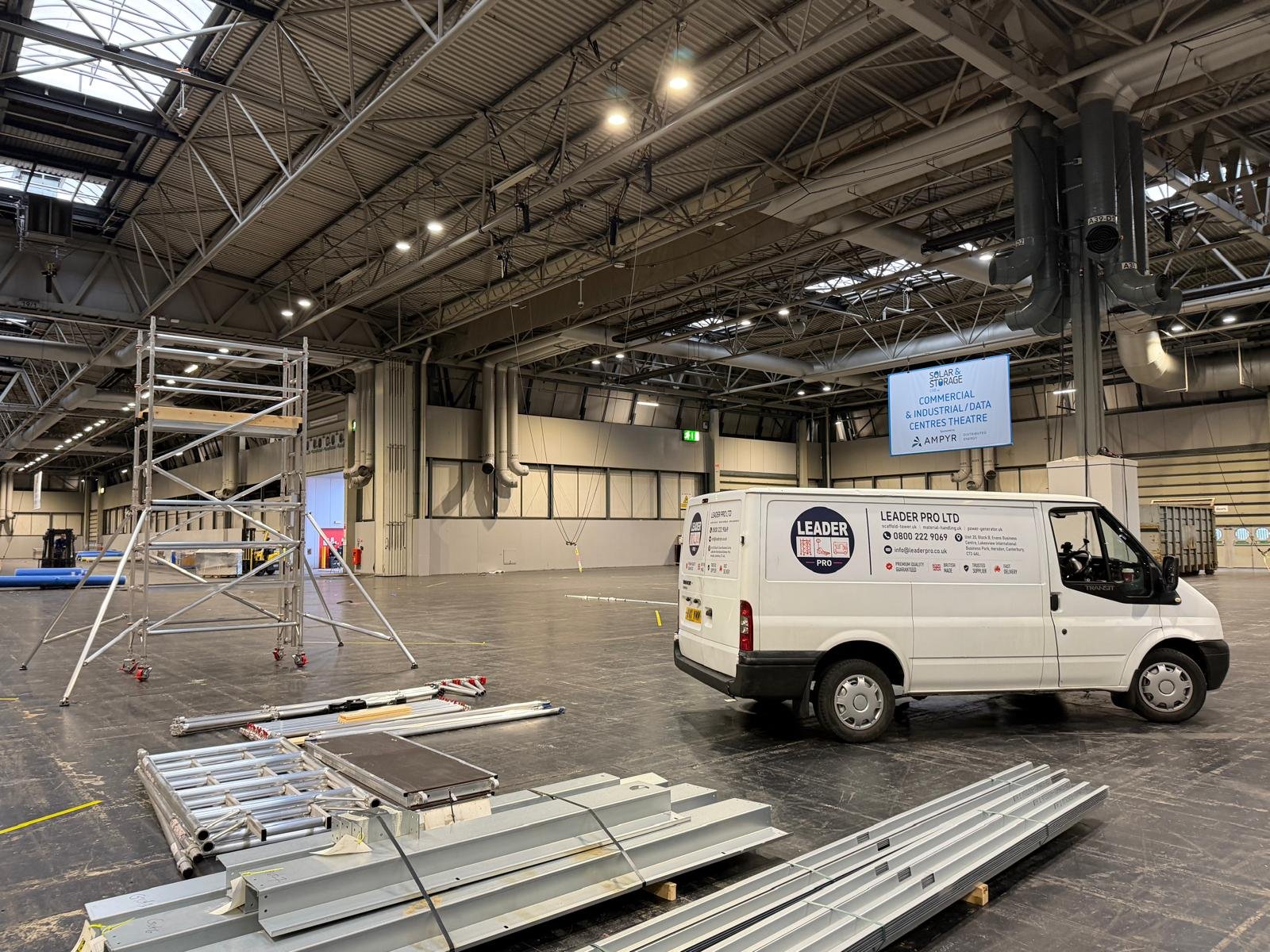 Leader Pro 3T aluminium scaffold tower and delivery van at Solar & Storage Live at the NEC Birmingham.