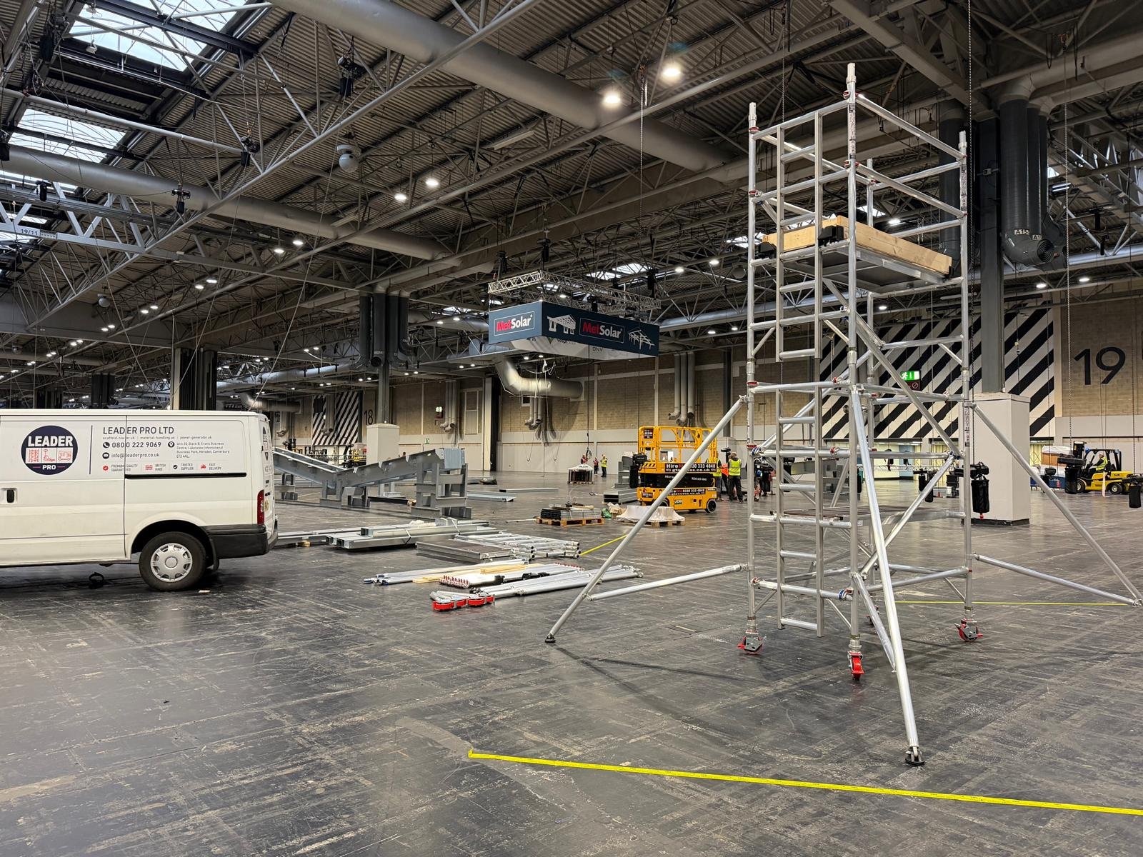 Leader Pro 3T aluminium scaffold tower assembled for Met Solar at Solar & Storage Live, NEC Birmingham.